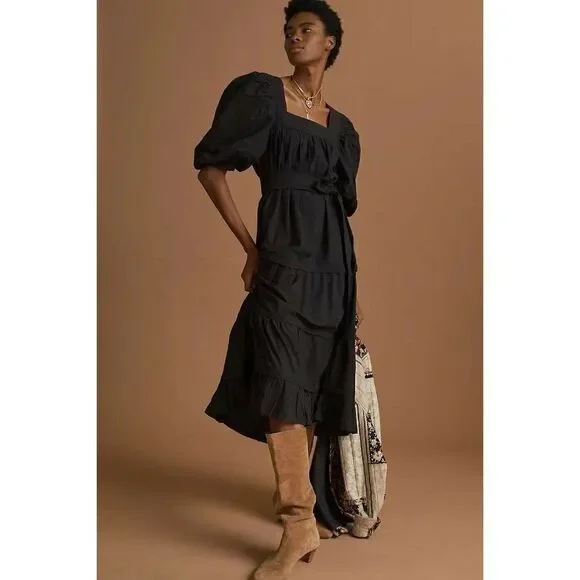 NWT ANTHROPOLOGIE X LOVE THE LABEL Sz M POPLIN PUFF SLEEVED TIERED MIDI DRESS - Picture 1 of 4